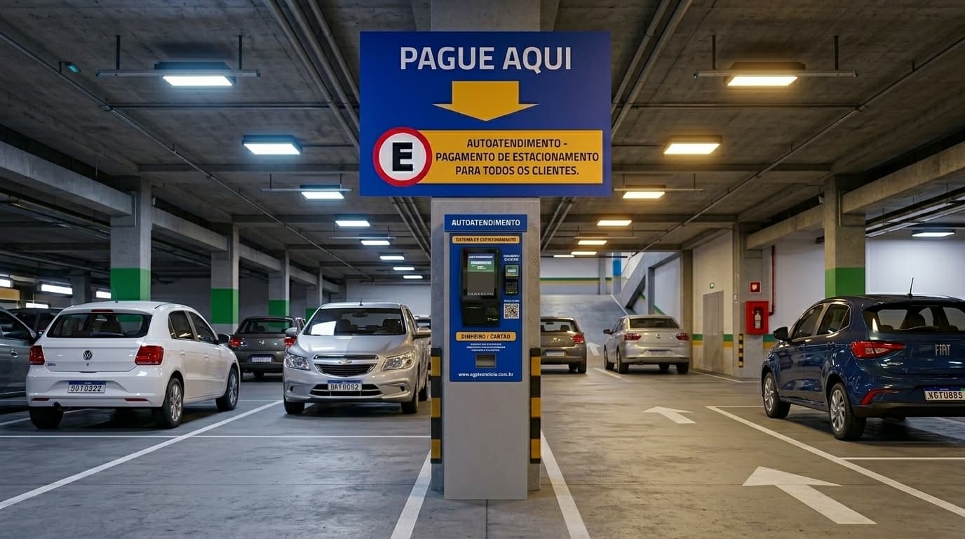 Totens de autopagamento em área de estacionamento coberto