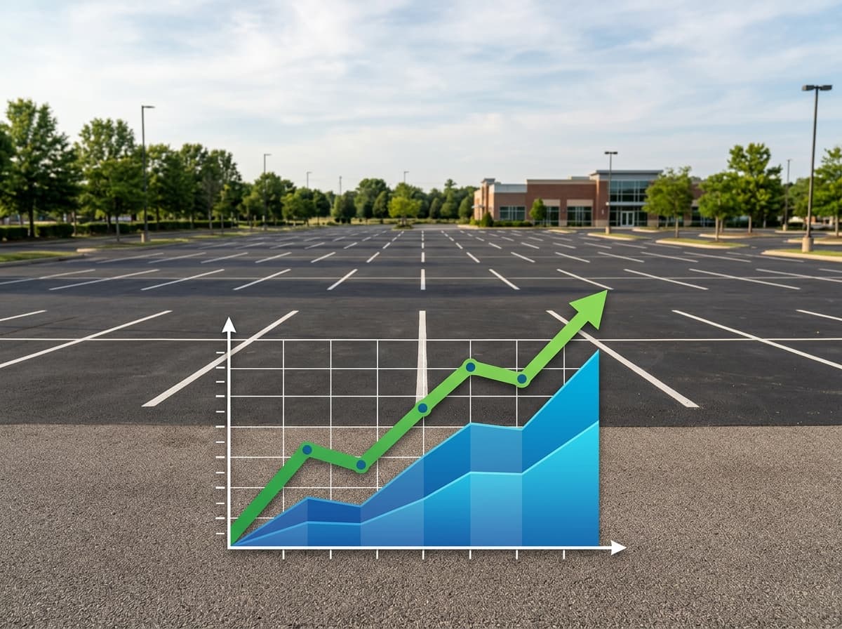 Perspectiva urbana sobre estacionamento com infraestrutura tecnológica de acesso e monetização